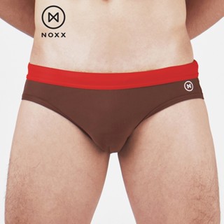 Noxx Swim Briefs: กางเกงว่ายน้ำ บรีฟ สีน้ำตาล ขอบเอวแดง