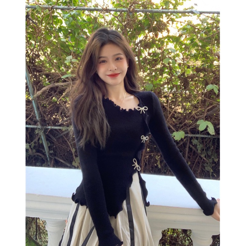 ZHELIHANGFEI  เสื้อไหมพรมไม่สม่ําเสมอขอบเชื้อราโบว์แขนยาวเอวแคบเซ็กซี่หวาน