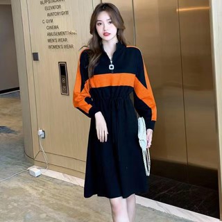 Fashion Stitching Long-sleeved Dress Women Slim A-line Mid Length Skirt