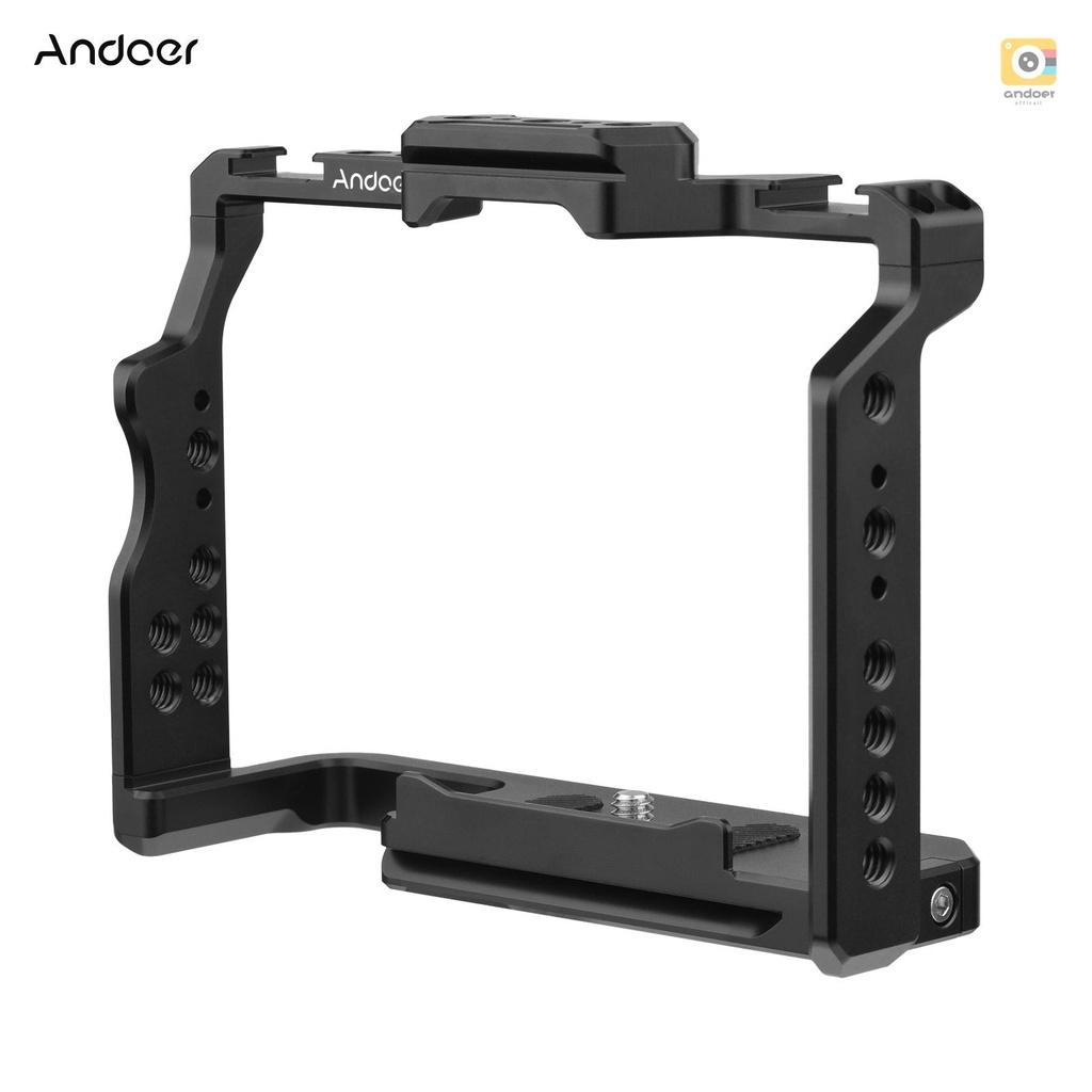 Andoer Camera Cage Aluminum Alloy Video Cage with Dual Cold Shoe Mounts Numerous 1/4 Inch Threads Replacement for A7IV/ A7III/ A7II/ A7R III/ A7R II/ A7S II