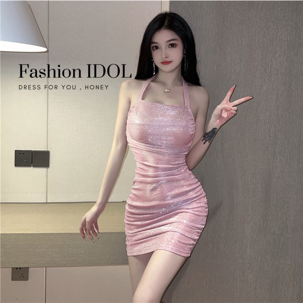 ชุดเดรสสั้นคล้องคอสีหวาน💗แต่งกลิตเตอร์วิบวับ รัดรูป โชว์สัดส่วน เซ็กซี่ปนหวาน F-015