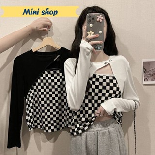 Mini shop 🌸พร้อมส่ง🌸(1A12) เสื้อไหมพรมแขนยาว ลายตางรางตรงเสื้อเว้าไหล่เก๋ๆ