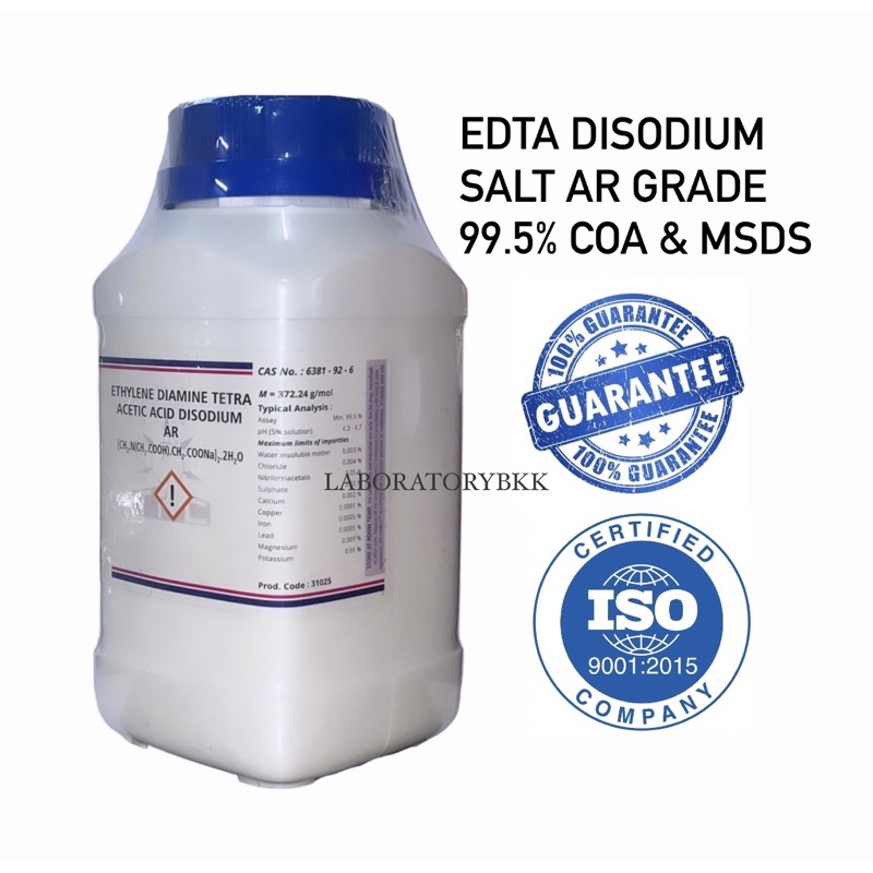 EDTA Disodium Salt AR Grade 99.5% ยี่ห้อ TPC 500 g./ขวด [CH2.N(CH2.COOH).CH2.COONa]2.2H2O พร้อมส่ง l