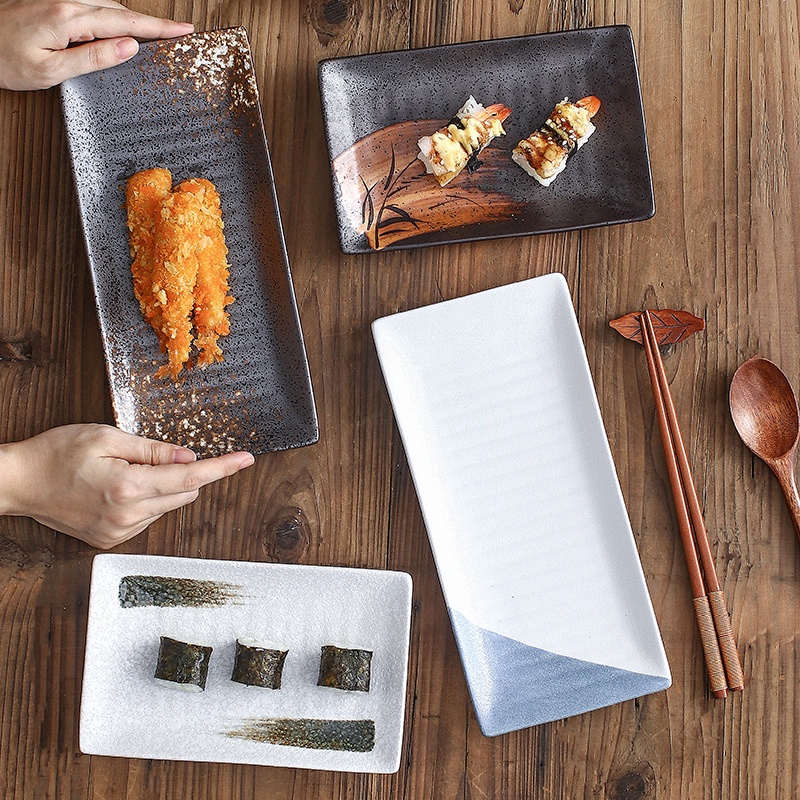 Sushi Plates Set,10 in,7.8 in  Ceramic Flat Rectangular Sushi Serving Tray Plates, Japan Style Chees