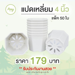 กระถางพลาสติก กระถางแคคตัส  4 นิ้ว สีขาว ทรงแปดเหลี่ยม แพ็ค 50 ใบ