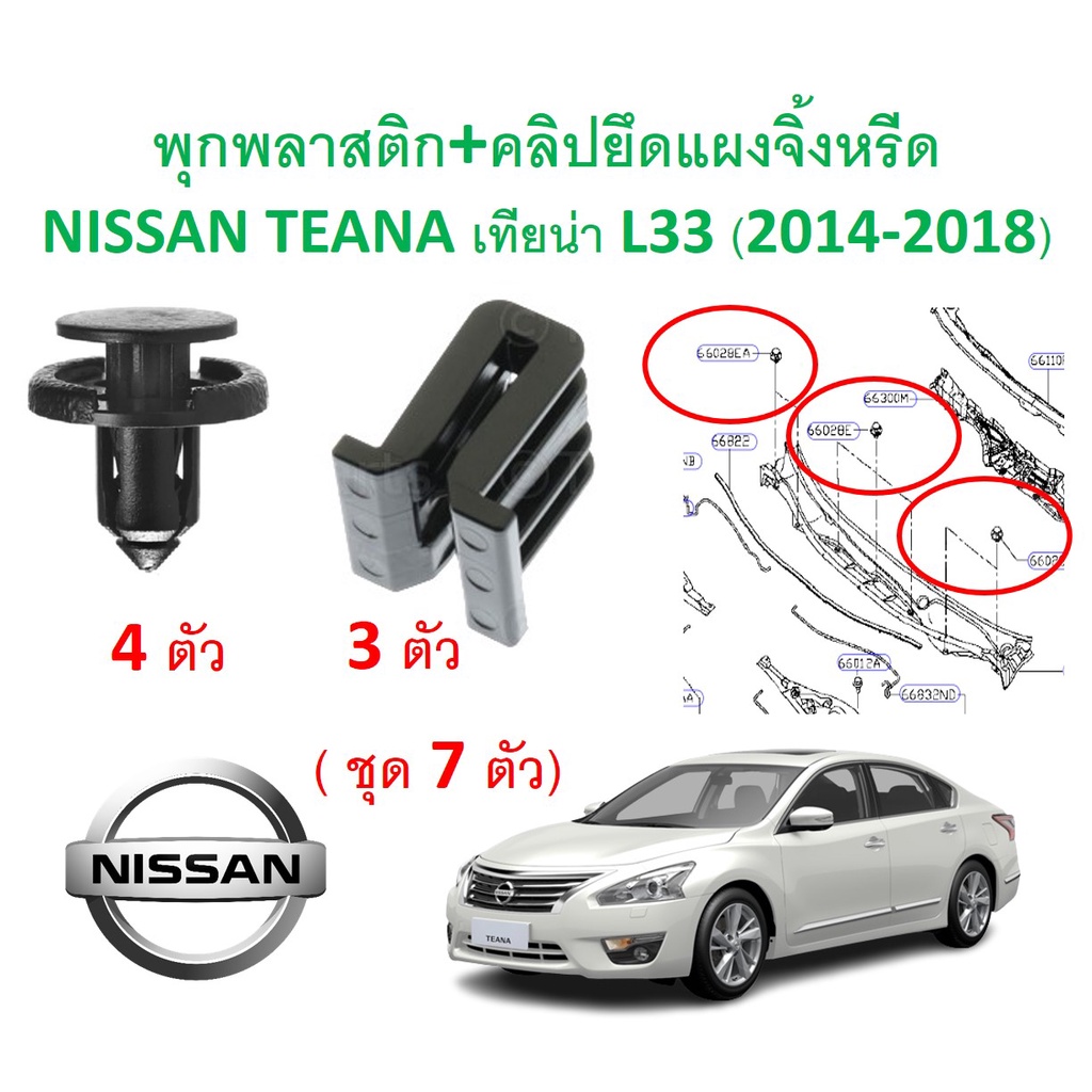 SKU-A538 (ชุด 7 ตัว) พุกพลาสติก+คลิปยึดแผงจิ้งหรีด NISSAN TEANA เทียน่า L33 (2014-2018)