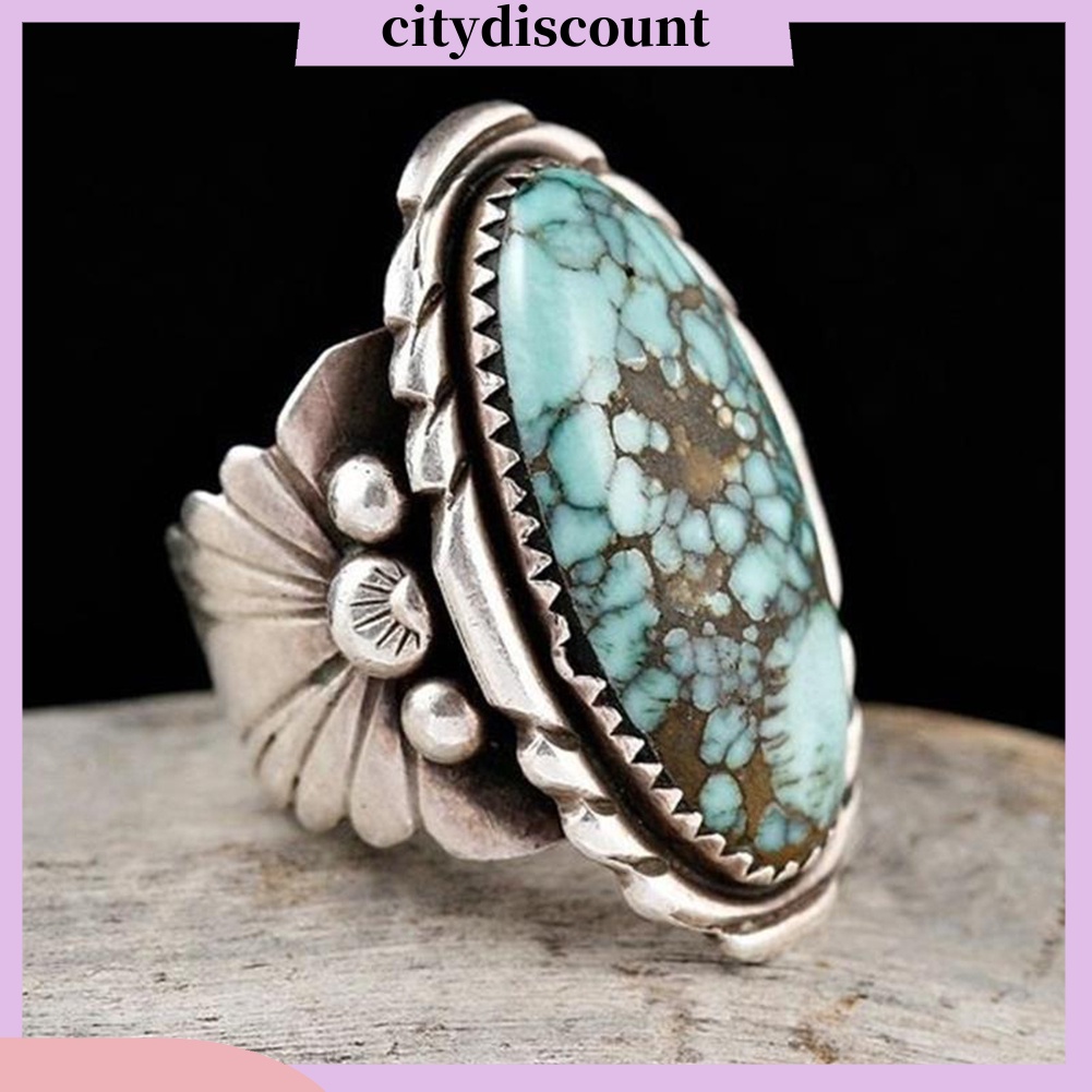 <citydiscount> City_ แหวนแกะสลัก รูปไข่ สีเทอร์ควอยซ์ สไตล์โบราณ เครื่องประดับ สําหรับผู้หญิง และผู้ชาย
