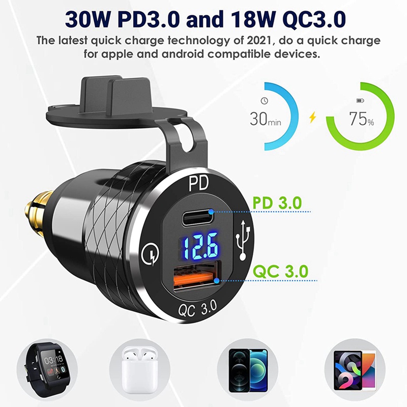 Bmw Hella/din ปลั๊ก Usb 3.0 Type C Usb ชาร์จเร็ว din สําหรับ Usb และ 18w Qc 3.0 เต้าเสียบไฟ พร้อมโวลต์มิเตอร์ สําหรับ 12v-24v Ducati BMW Hella/din Plug