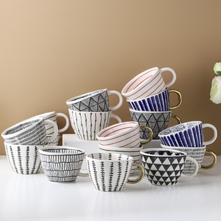 Creative Hand Painted Geometric Ceramic Mugs With Gold Handle Handmade Irregular Cups For Coffee Tea Milk Oatmeal Gift C #9