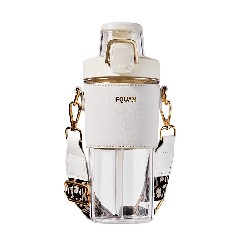 FQUAN INS Simple Water Bottle (650ML WHITE) ถ้วยเครื่องดื่มคู่พร้อมสายหนัง / ถ้วยน้ําฟาง (ตรง)