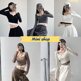 Mini shop🌸พร้อมส่ง🌸 (60106-1) เสื้อไหมพรมแขนยาว 2ชั้นติดกันเก๋มาก สตรีทมาก