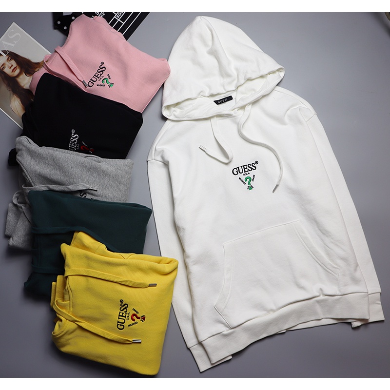 GUESS พิมพ์ตัวอักษรผ้าฝ้ายแท้ Hooded Sweatshirt ผู้หญิง All-Match Casual Hoodie สไตล์คู่