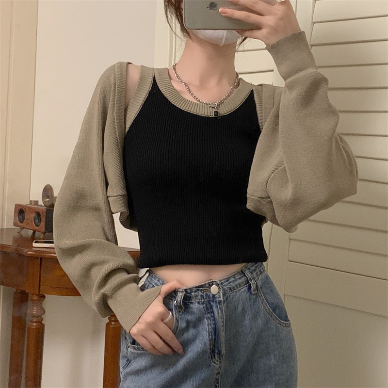 GAKKI เสื้อกล้าม + เสื้อคลุมแขนยาวชุดสองชิ้น ฤดูใบไม้ร่วงปี 2022 รุ่นใหม่ผู้หญิงสไตล์เกาหลี1287+1286