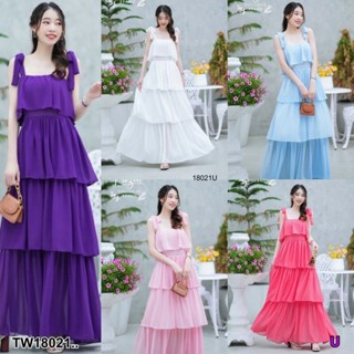 MM18021 แม็กซี่เดรสยาว สายผูกไหล่ แต่งระบายชั้น Long maxi dress, shoulder straps, layered fringe decoration..