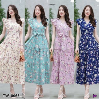 TT18065 เดรสยาว ไหล่ระบาย ลายดอกไม้ เอวผูกโบว์ .Long dress, ruffled shoulders, floral pattern, bow tie waist ..