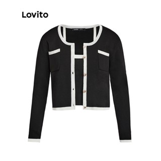 Lovito ชุดเสื้อลําลอง สีตัดกัน สําหรับผู้หญิง L35AD039 (สีดํา) 2 ชิ้น