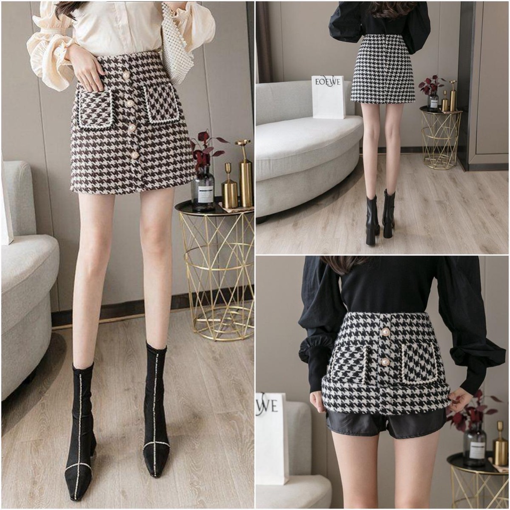 suysuy พร้อมส่ง กระโปรงผ้าทวิตมีกระเป๋าหน้า แต่งกระดุมมุกด้านหน้า 4 เม็ด กระโปรงทรงเอ ใส่สบายเรียบหรู