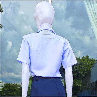 ชุดราชการ เสื้อและกระโปรงสีกรม ทอ. พนักงานข้าราชการหญิง เสื้อขาวโอโม่อมฟ้า แขนสั้น อินธนูไหล่