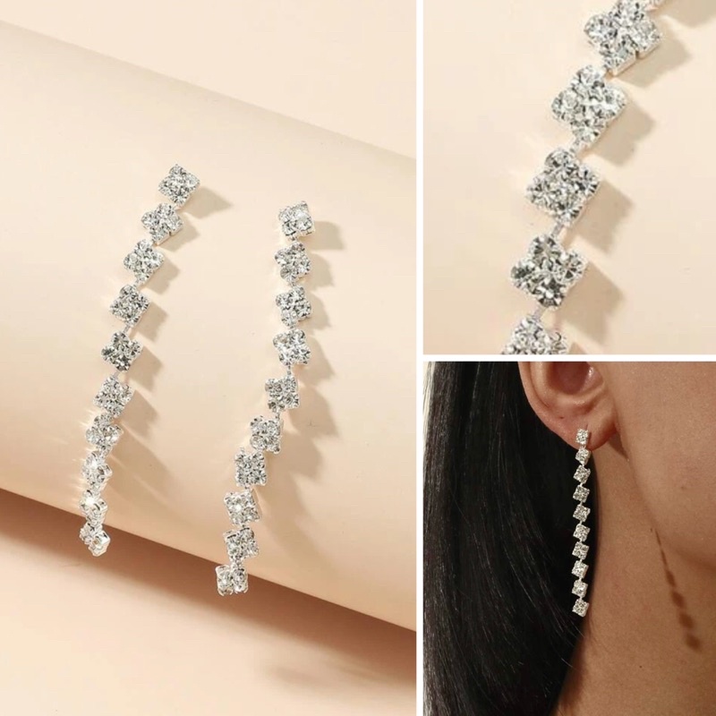 ต่างหูเพชร ทรงเหลี่ยมโยงกัน ยาว 5.5 cm. พร้อมส่ง! (#P1-H)
