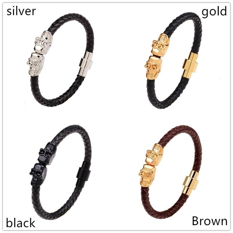 คลาสสิก สีดํา สร้อยข้อมือหนัง สไตล์โกธิค สีเงิน กะโหลก หัวเข็มขัดแม่เหล็ก สร้อยข้อมือ แฟชั่น ปาร์ตี้ เครื่องประดับ สําหรับผู้ชาย