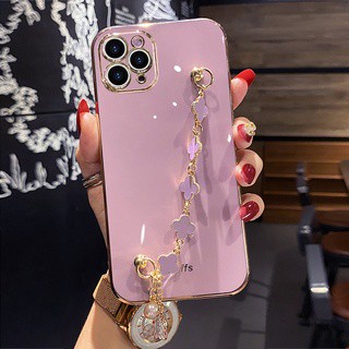 เคสโทรศัพท์มือถือ แบบนิ่ม ชุบทอง ป้องกันฝุ่น มีสายคล้องข้อมือ สําหรับ iPhone 13 Pro Max Mini