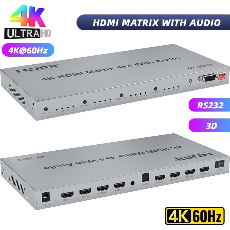 เมทริกซ์ HDMI 4x4 พร้อมตัวดึงเสียง 4K@60Hz HDR 18Gbps HDMI 2.0 ตัวแยกสวิตช์เมทริกซ์ เข้า 4 ออก 4