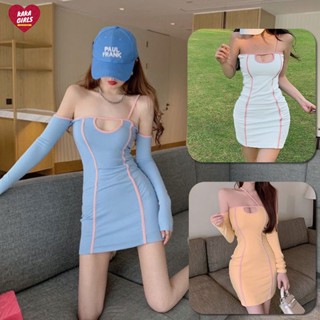 mini dress ชุดเดรส ปาดไหล่แขนยาว เดรสดีไซน์ไม่ซ้ำใคร ใส่แล้วหุ่นสลิม เดรสกระโปรงสั้น