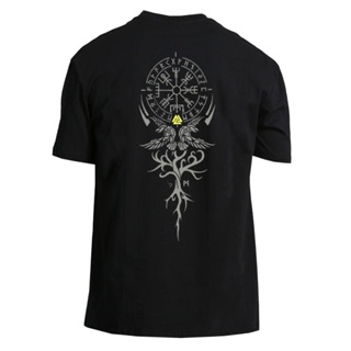 เสื้อยืดสไตล์เกาหลี เสื้อยืด Vegvisir เทจารึก Avec อักษรรูนไวกิ้ง Rabe Ravens Yggdrasil Weltesche Valhalla เพิ่มขึ้น Wal