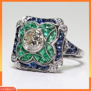 OW@ Women Faux Sapphire Emerald Inlaid Flower Finger Ring Wedding Party Jewelry Gift