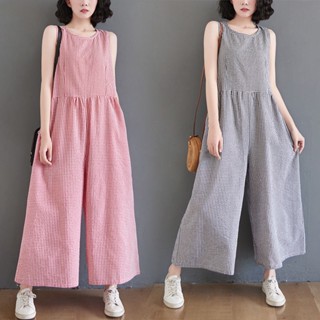 ↂ✕✐ฤดูร้อน 2021 ใหม่ผ้าฝ้ายและผ้าลินินคอกลมแขนกุดเสื้อกั๊ก jumpsuit ลายสก๊อตสายรัดกว้างขากางเกงเก้ากางเกงกางเกงลำลอง