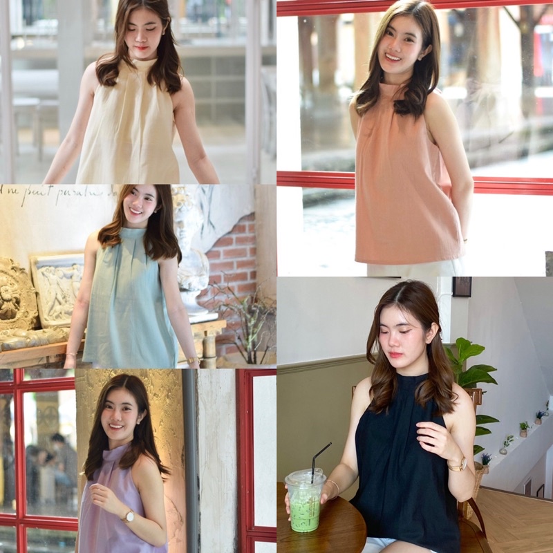 เสื้อแขนกุด,คอปีน,ผูกคอ,แขนเว้า,กล้าม,ผ้าฝ้าย,ผูกโบว์หลัง