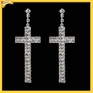 [Athena] Womens Rhinestone Cross Pendant Single Double Rows Dangle Eardrop Stud Earrings