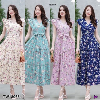 SS18065 Dress เดรสยาว ไหล่ระบาย ลายดอกไม้ เอวผูกโบว์ ..