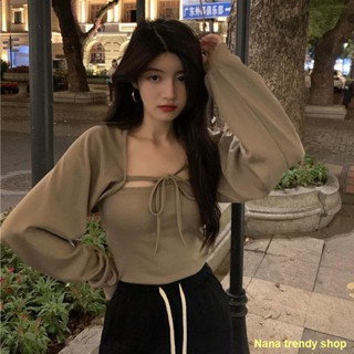 👒Hot product👑Pure Desire Wind Bandage Layered Wear Inside Camisole Blouse เสื้อสเวตเตอร์ถัก New Women s