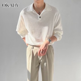 OKADY เสื้อเชิ้ตโปโลแขนยาวสำหรับผู้ชาย Waffle Check Lapel เสื้อเชิ้ตสีทึบสบาย ๆ หลวมฤดูใบไม้ร่วงแฟชั่น Bottom เสื้อ