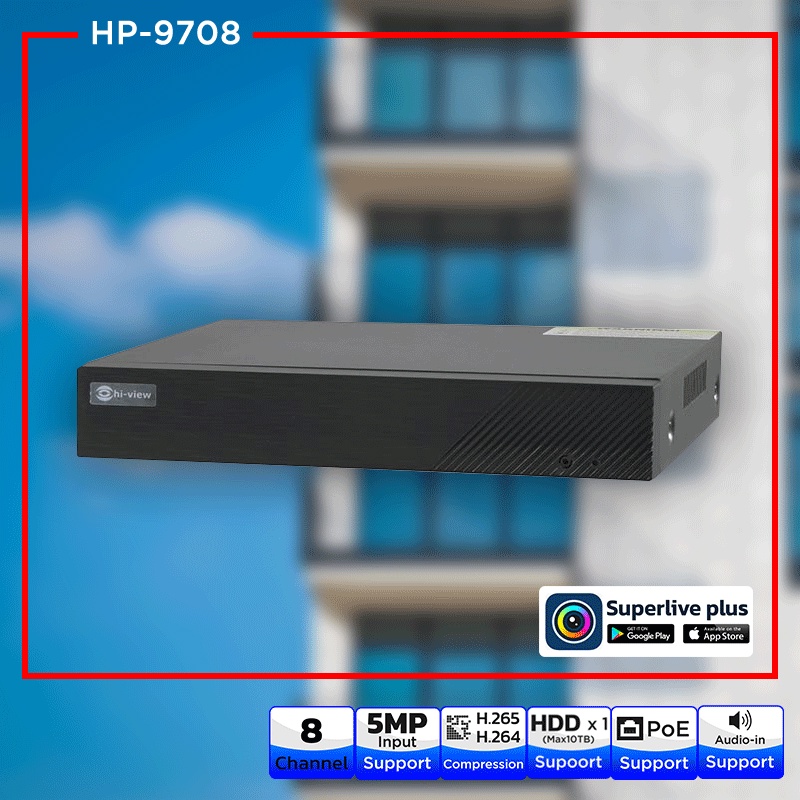 Hi-view เครื่องบันทึก NVR 8Ch รุ่น HP-9708 H.265+ Support 5MP / Audio