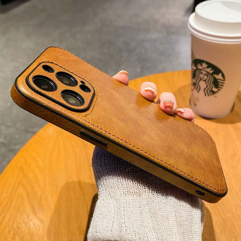 Vintage หนังกันกระแทกสําหรับ iPhone 17 16 15 14 13 12 11 Pro MAX XS XR 7 8 Plus 16 Plus 14 Pro หรูหรา High-end ธุรกิจกล้องป้องกันซิลิโคนปกหลัง