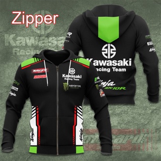 มีสินค้า!! เสื้อแจ็กเก็ตกันหนาว มีฮู้ด พิมพ์ลาย Kawasaki Racing Team 3 มิติ แต่งซิป ขนาดใหญ่ สําหรับเด็กผู้ชาย