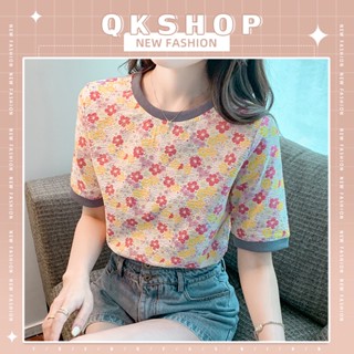 QKshop เสื้อผู้หญิงลายดอกไม้🌸เสื้อยืดแฟชั่นรุ่นใหม่⛄️ยืดเด้งใส่สบาย☀️ลายดอกไม้น่ารักจุ๋มจิ๋ม🌸น่ารักสุดๆ เนื้อผ้านุ่มเด้ง