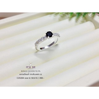 แหวนเงินแท้92.5% แบบหัวชู ประดับเพชร cz ตรงกลางสีนิล/ดำ size 5-10 (เนื้อเงินแท้) : CZ0284