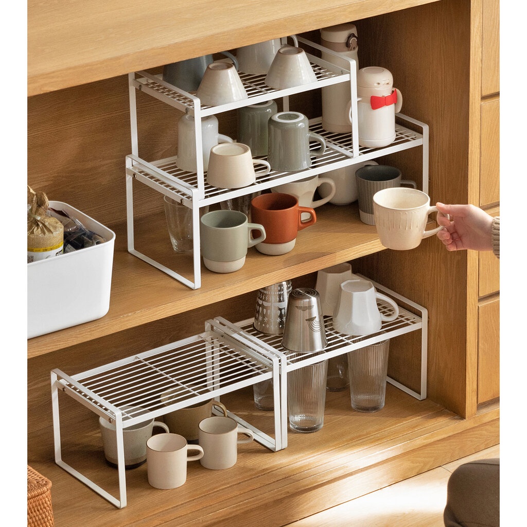 Omocha | ชั้นวางของในตู้ครัว ชั้นวางคร่อม ชั้นเหล็กจัดระเบียบ วางจาน วางแก้ว Kitchen Rack สีขาว
