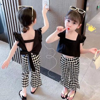 Mimi🌈พร้อมส่ง🌈ชุดเซ็ตเสื้อกล้ามเจ้าหญิง+กางเกงขาบานลายตาราง เสื้อแขนสั้น/กางเกงขากว้างสูท  (173)