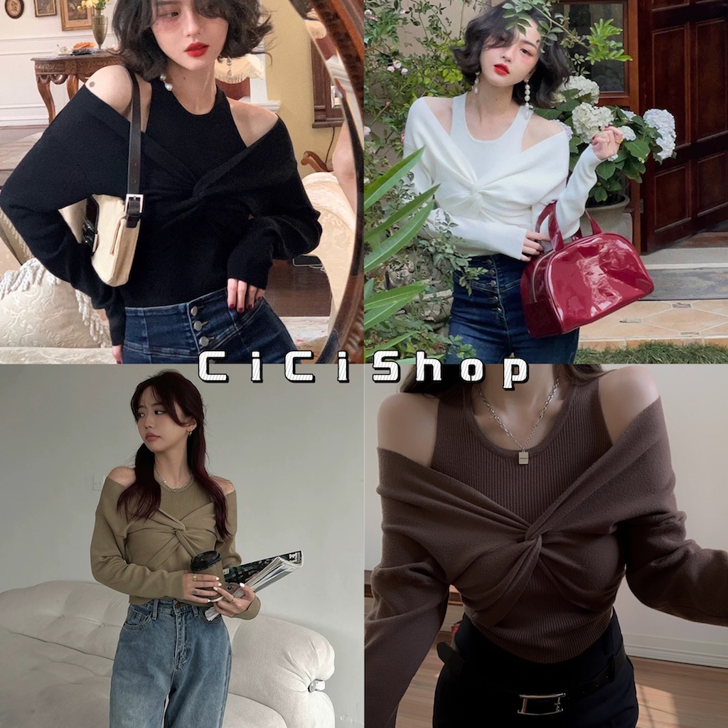 Cicishop(SALE 3018)เสื้อไหมพรมแขนยาว มีดีเทลเสื้อด้านในแมตช์จับคู่ สไตล์สายเกา