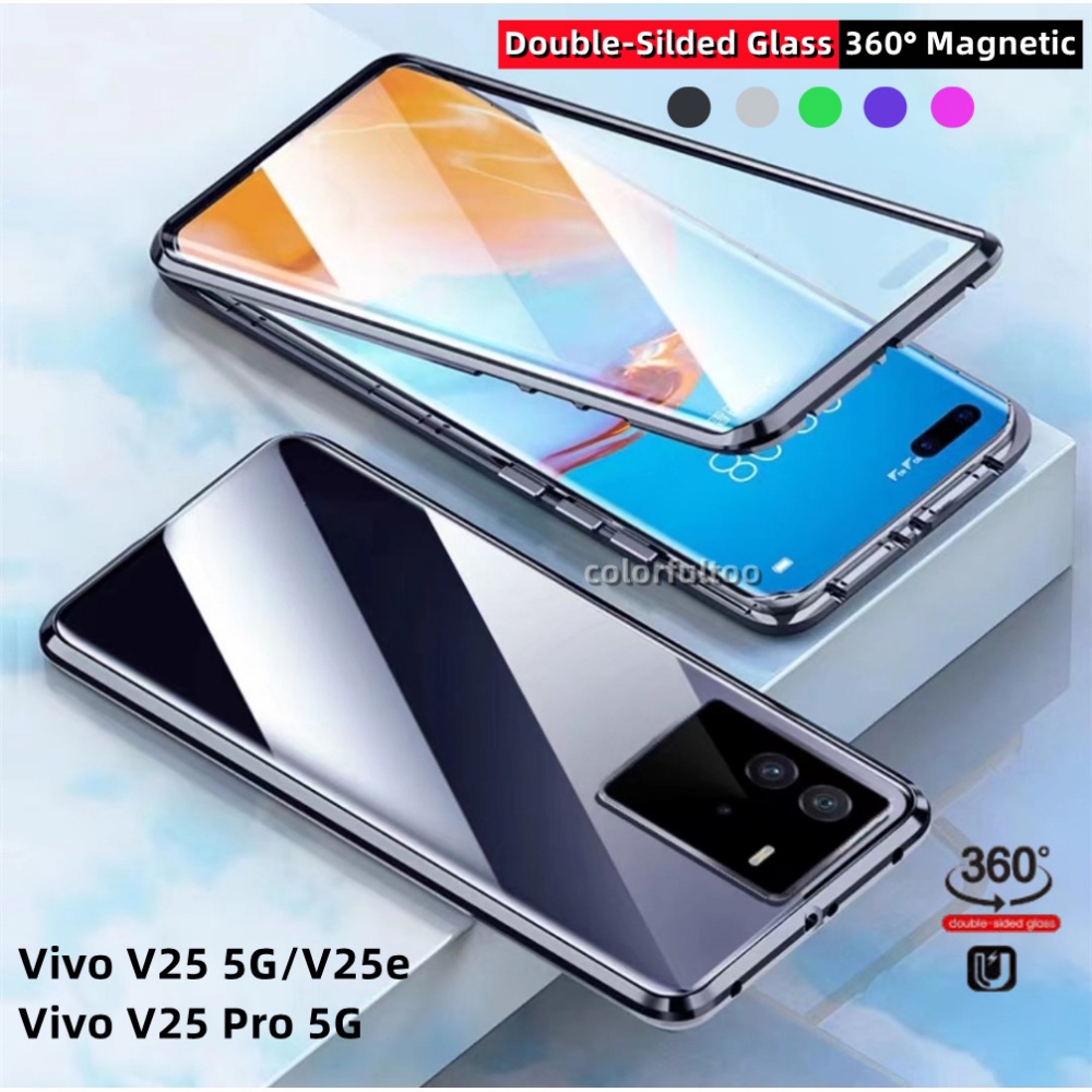 เคสโทรศัพท์มือถือกระจกนิรภัยแข็ง แบบฝาพับแม่เหล็ก สองด้าน กันกระแทก สําหรับ Vivo V25 Pro V25Pro V25e V25 V23 V23e V21 4G 5G