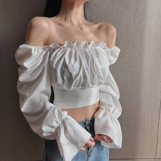 พร้อมส่ง เสื้อครอปแขนยาวคอเหลี่ยมดีไซน์ผูกเชือกหลัง