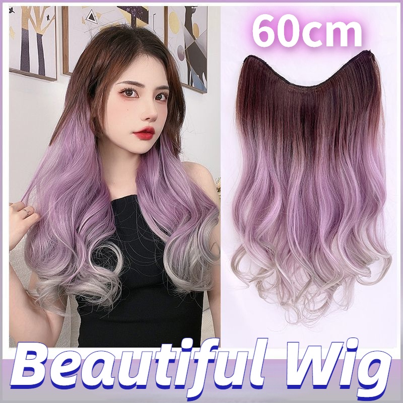 แฟชั่นวิกผมหยิกธรรมชาติสีม่วงไล่ระดับสีต่อผมไม่มีรอยต่อหู-โค้งวิกผมสีสําหรับเด็กผู้หญิง