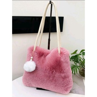 กระเป๋าผ้าขนนุ่ม square bag with pom pom