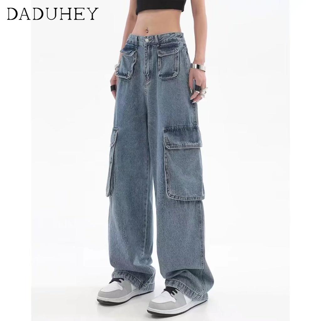 ซื้อ DaDuHey💕 Women's Summer-Style Retro Design Multi-Pocket Jeans High Street Niche Straight Wide Leg Loose Cargo Pants