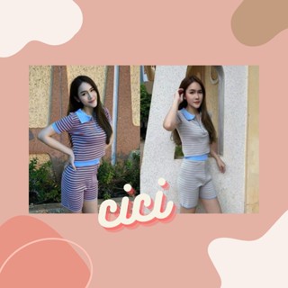 Cici(NO.A745)เซตเสื้อครอปคอปกแขนสั้นแต่งซิป+กางเกงขาสั้นเอวสูง ผ้าไหมพรมknitทอสลับสีทูโทนลายstrip