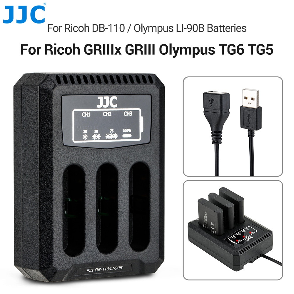 JJC DB-110 LI-90B เครื่องชาร์จแบตเตอรี่ Triple USB กล้องสําหรับ Ricoh GRIIIx GRIII Olympus TG6 TG5 T